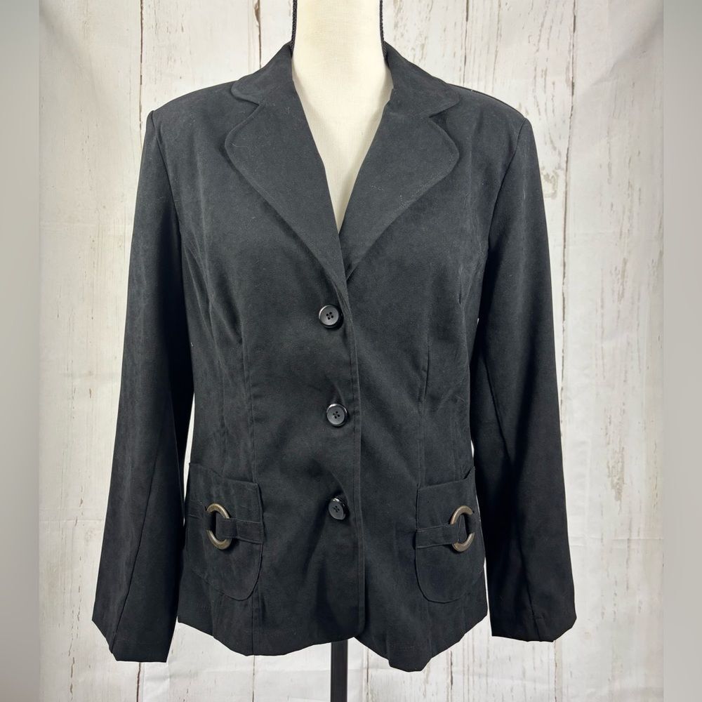 Black Women’s Blazer with Rust Metal Ring Pocket Detail Classic & Chic